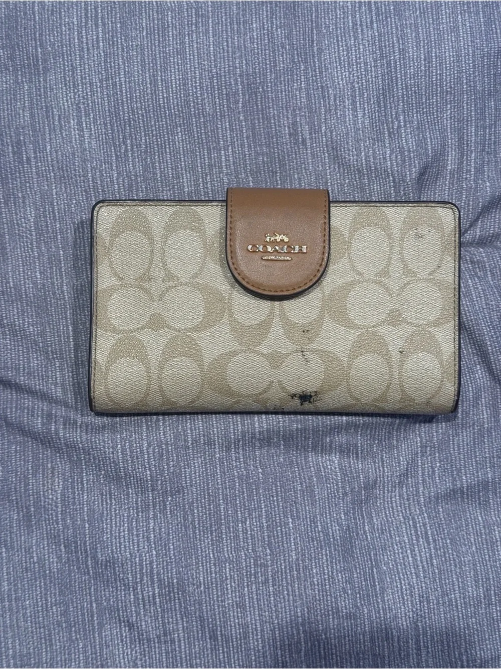 Coach Beige Signature Canvas Wallet with Brown Leather Snap